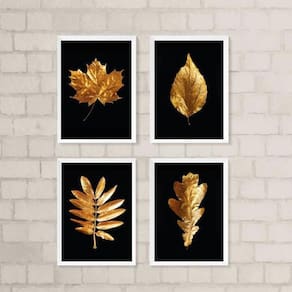 Quadros Folhas Douradas 33x24cm - Vidro e Moldura Preta