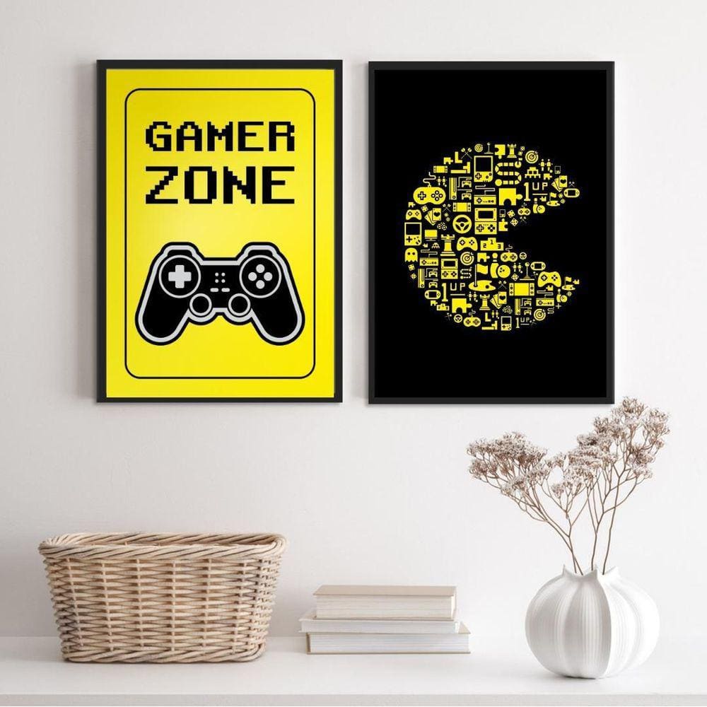 Kit 2 Quadros Gamer Preto/Amarelo 45x34cm Madeira Branca
