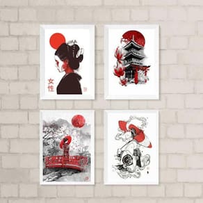 Kit 4 Quadros Decorativos Orientais 45x34cm - Madeira Branca