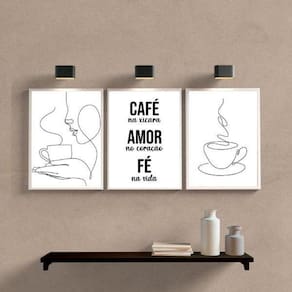 Kit 3 Quadros Café 33x24cm - Vidro e Moldura Branca