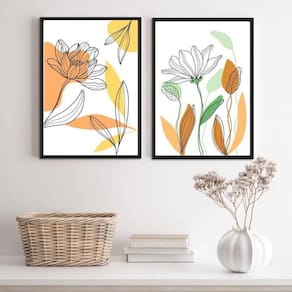 Kit 2 Quadros Flores Soft Aquarela 33x24cm - Madeira Preta