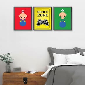 Kit 3 Quadros Gamer Zone Coloridos 45x34cm - Vidro