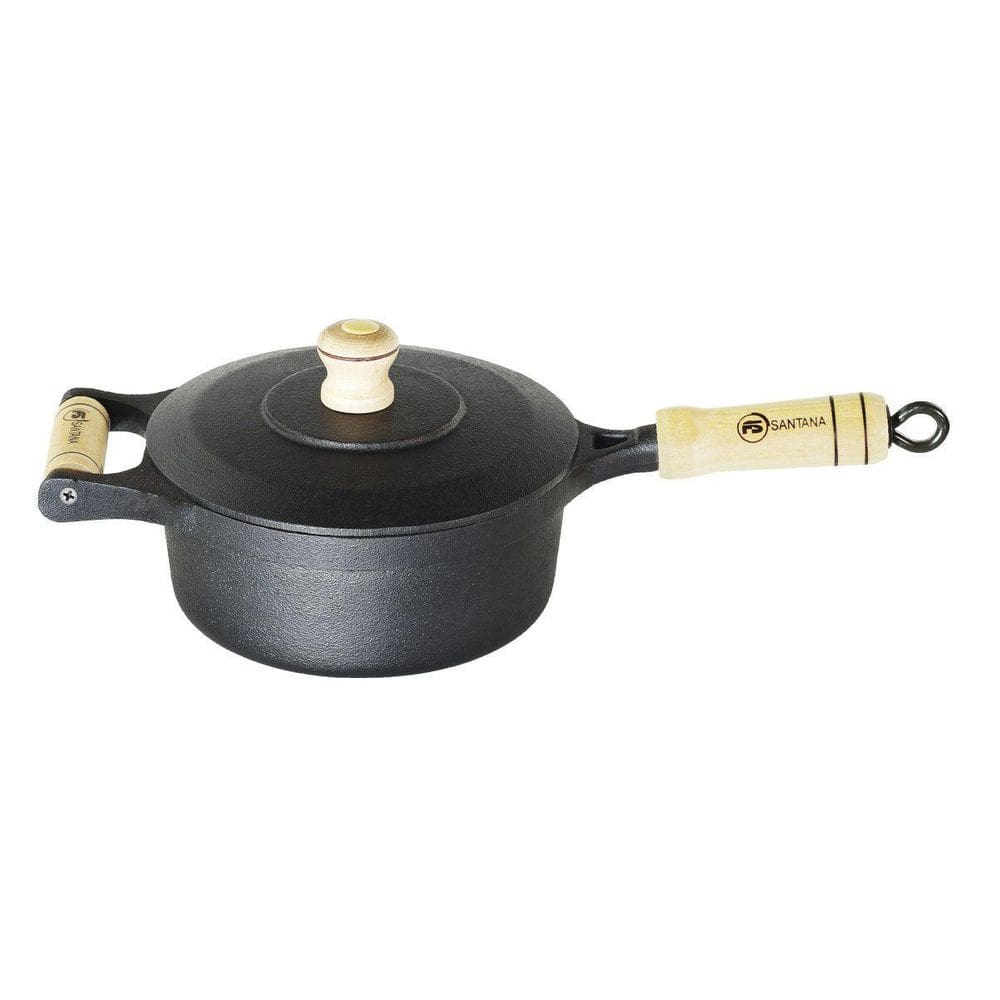 Panela Ferro Fundido Tampa Ferro Cabo Madeira Santana 3,35Lt