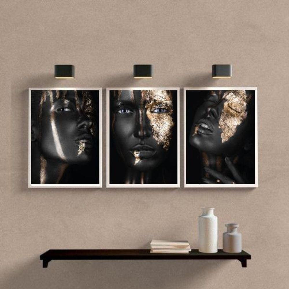 Kit 3 Quadros Sala Mulher Black Gold 24x18cm + Vidro
