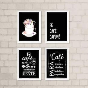 Kit 4 Quadros Café Preto 24x18cm Moldura Branca