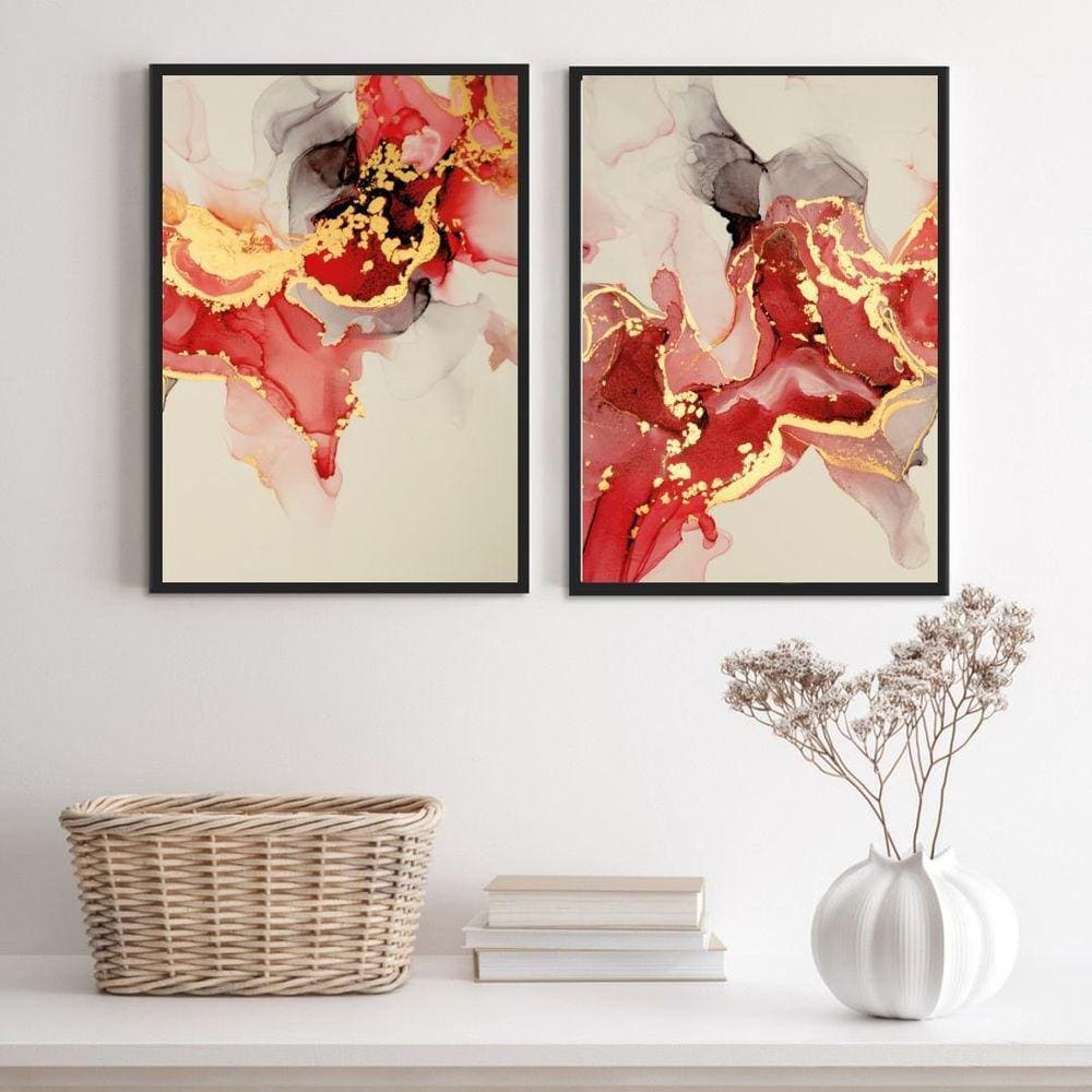 Kit 2 Quadros Abstratos Mármore Verm./Dour. 33x24cm - Preta