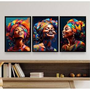 Kit 3 Quadros Africanas Turbante 45x34cm - Madeira Preta