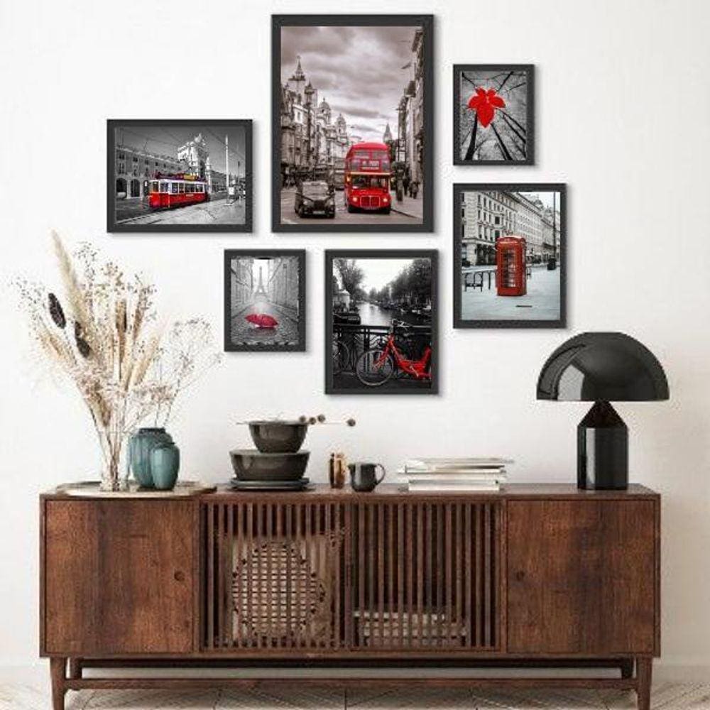 Kit 6 Quadros Vermelhos - Moldura Branca com Vidro