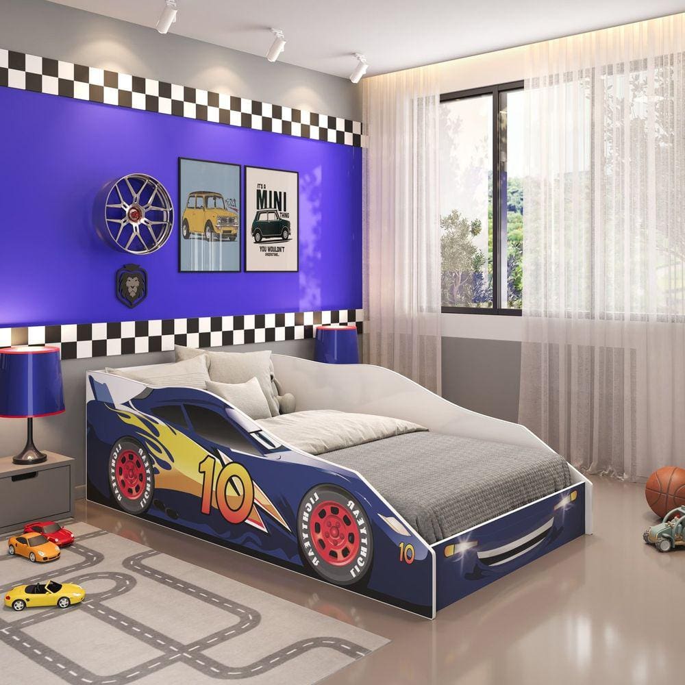Cama Carro Infantil Solteiro Logan Yescasa Branco/Azul