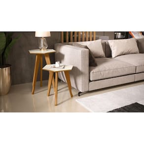 Jogo 2 mesas Sala Estilo Retrô Pés de Madeira, lateral e apoio cor Off white com Freijo - Comprar Moveis Em Casa