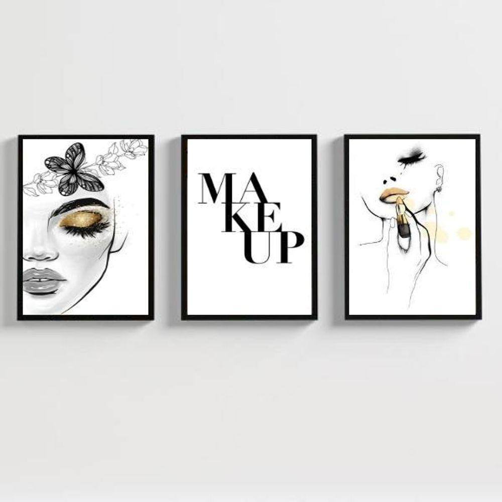 Kit 3 Quadros Decorativos Makeup Maquiagem 45x34cm com Vidro
