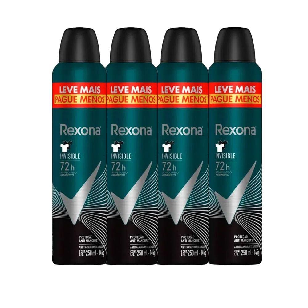 Kit Desodorante Antitranspirante Aerosol Rexona Invisible Men 72 horas 250ml - 4 Unidades