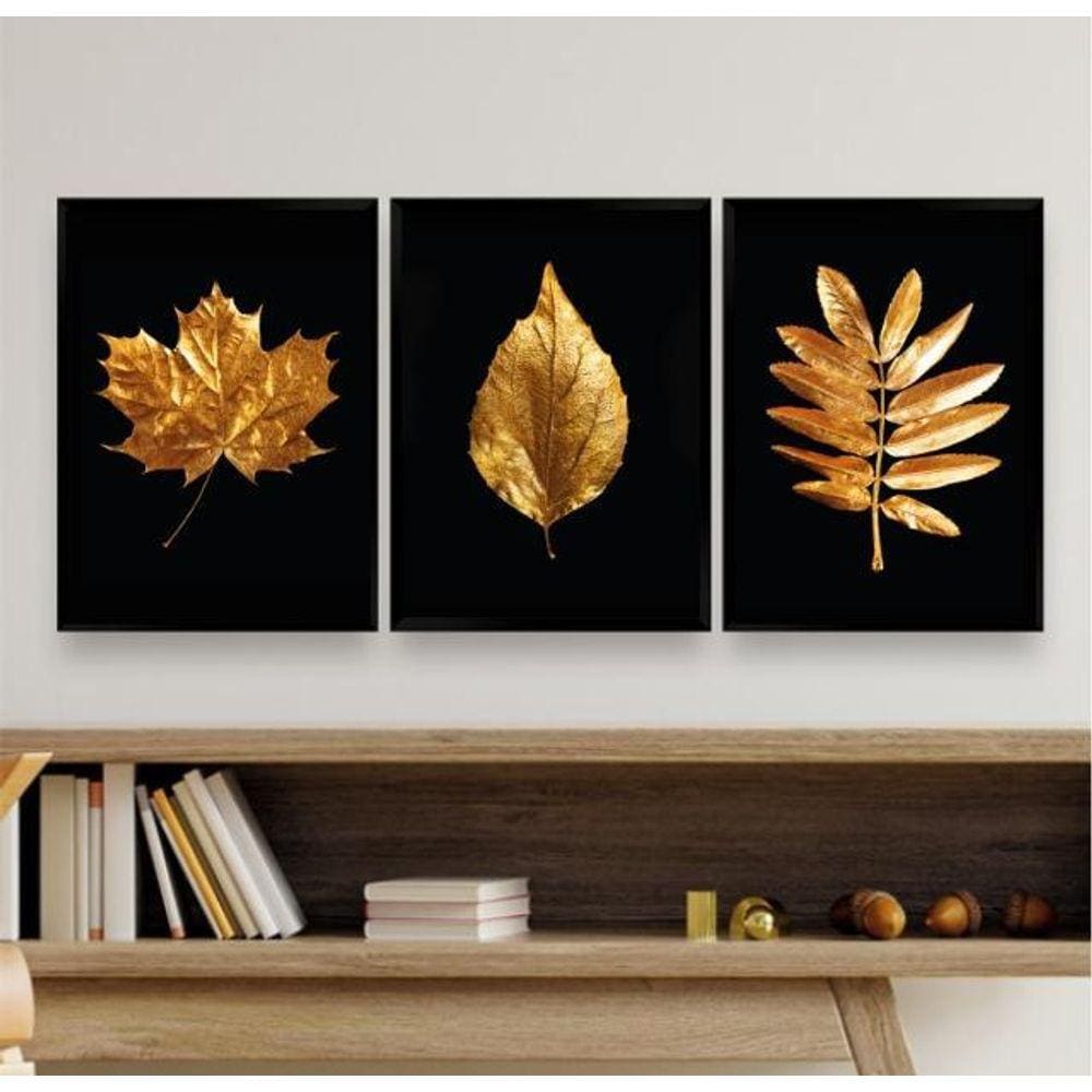 Kit 3 Quadros Sala Folhas Douradas 33x24cm Madeira Branca