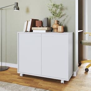 Balcão Multiuso 2 Portas 2 Prateleiras com Rodízios MDP 12mm Branco