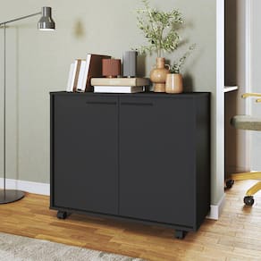 Balcão Multiuso 2 Portas 2 Prateleiras com Rodízios MDP 12mm Preto