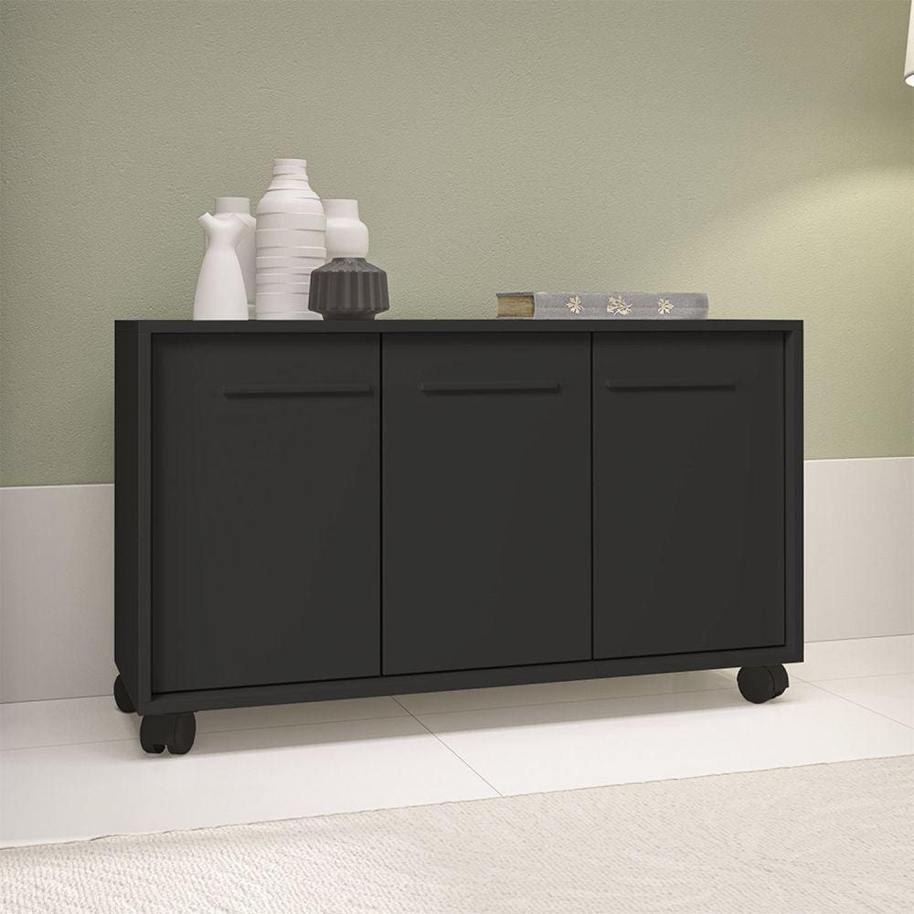 Balcão Multiuso 3 Portas 1 Prateleira com Rodízios MDP 12mm Preto