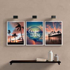Kit 3 Quadros Praia Por do Sol Carpe Diem 33x24cm - Preta