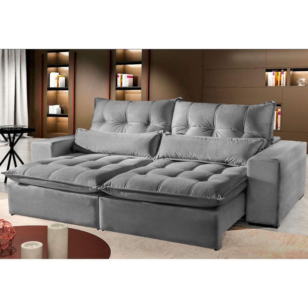 Sofá 5 Lugares Máximo Retrátil e Reclinável 2,90M Suede Cinza Claro
