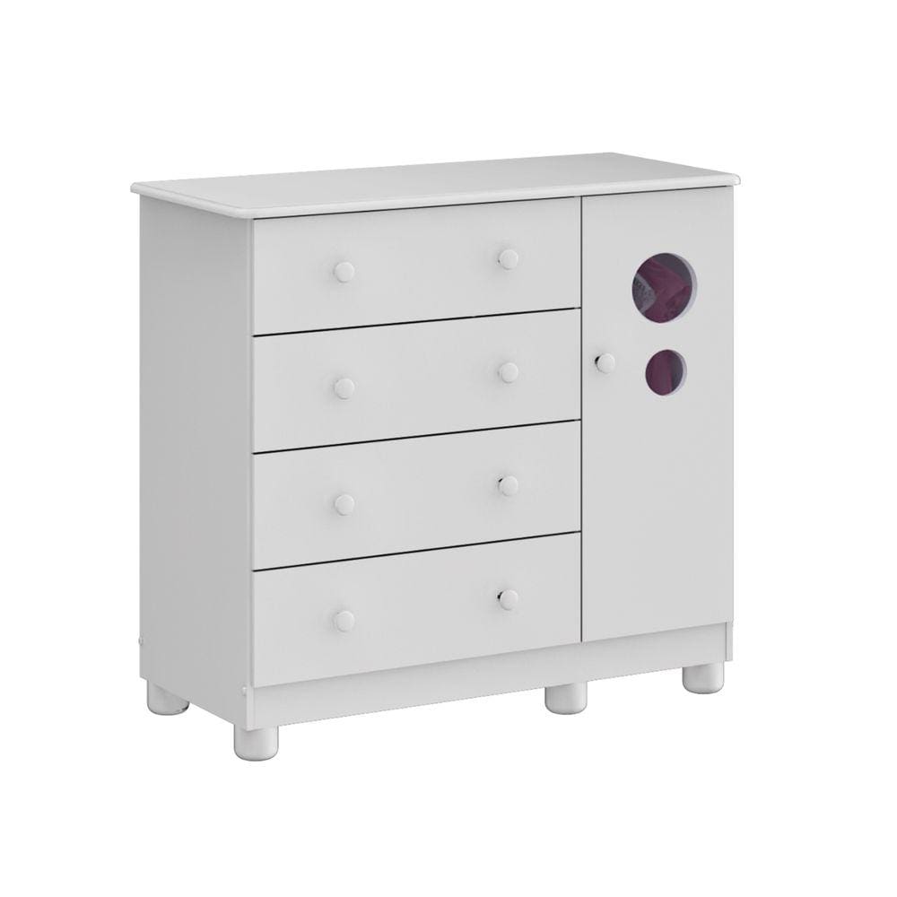 Cômoda Bebê Moveis Peroba Bolinha 04 gavetas 01 porta MDF