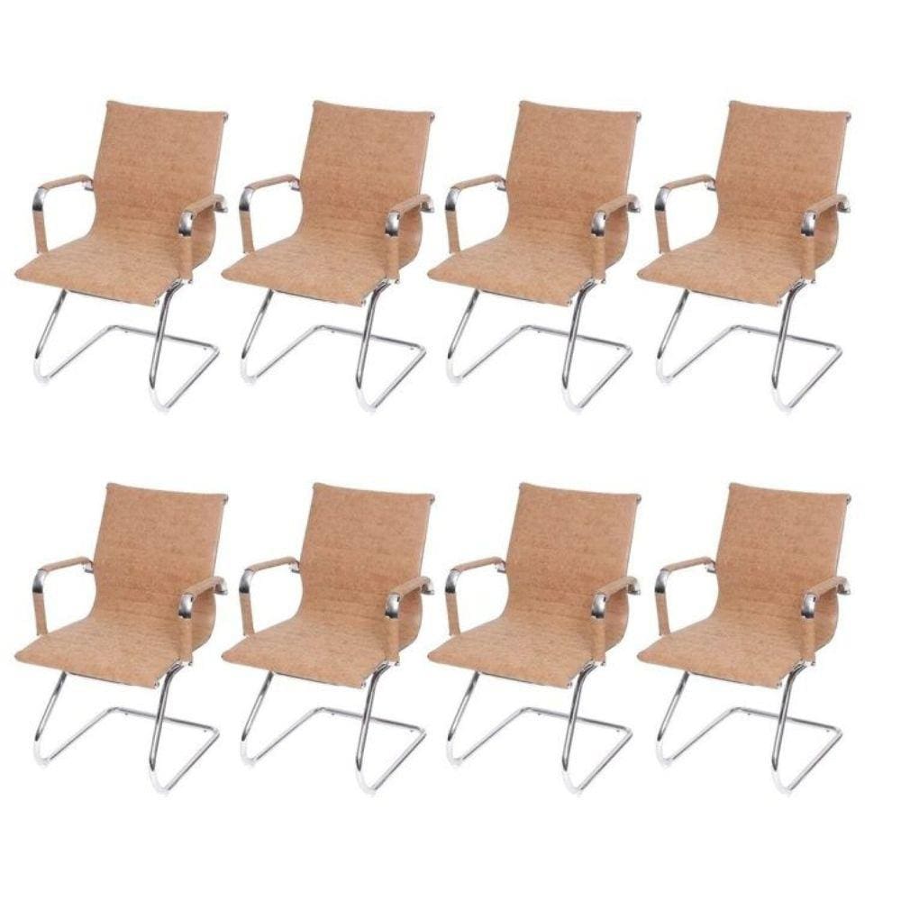 Kit 8 Cadeiras para Escritório Interlocutor Base Fixa Esteirinha Sintético 3301 Caramelo/Retrô