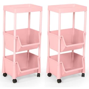 Kit 2 Carrinho Multiuso Prático 3 Prateleiras em Plástico com Rodízio - Rosa