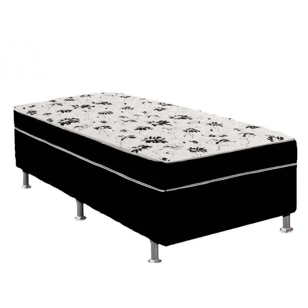 Cama Box Solteiro Suede Preto + Colchão Solteiro Suede Preto Orto Molas Ensacada 88x188x55