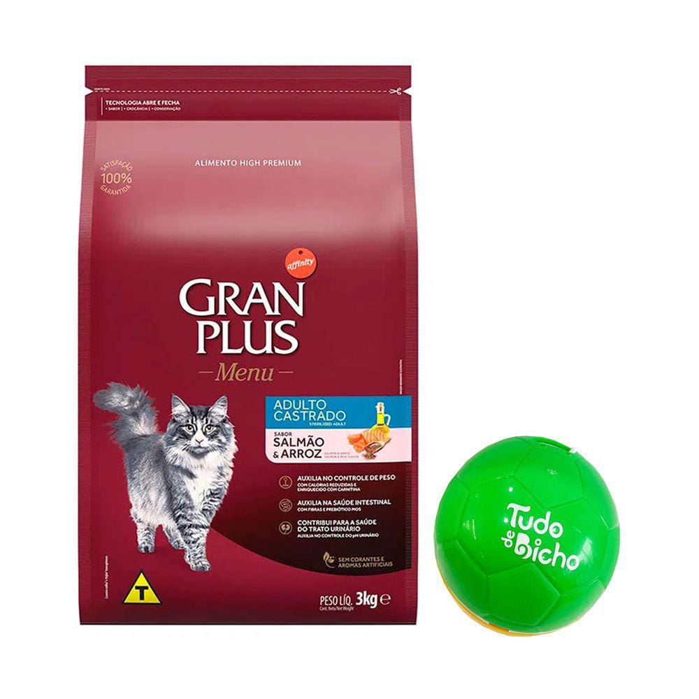 Ração Gran Plus Gatos Adultos Castrados Salmão e Arroz 3kg + Surpresa