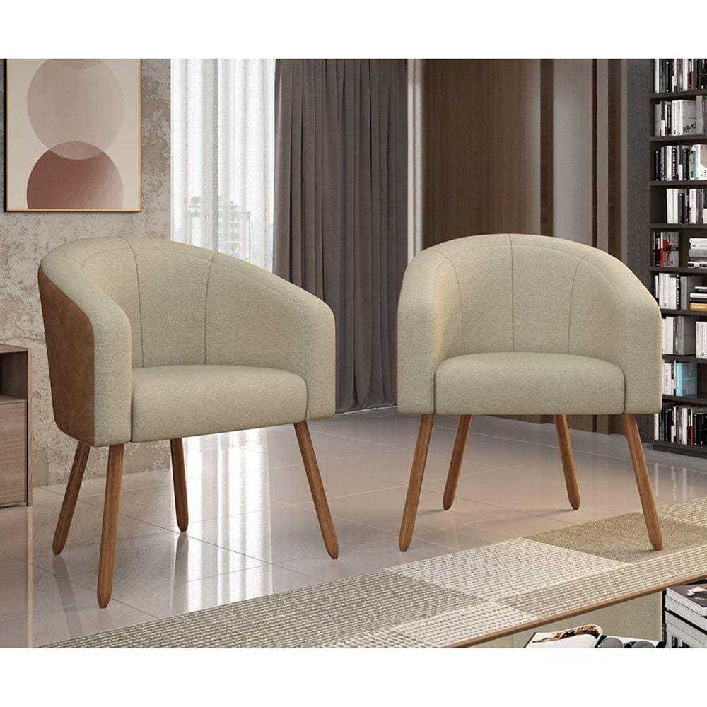 Poltrona Decorativa com Pés em Madeira Marselha Bege/Marrom