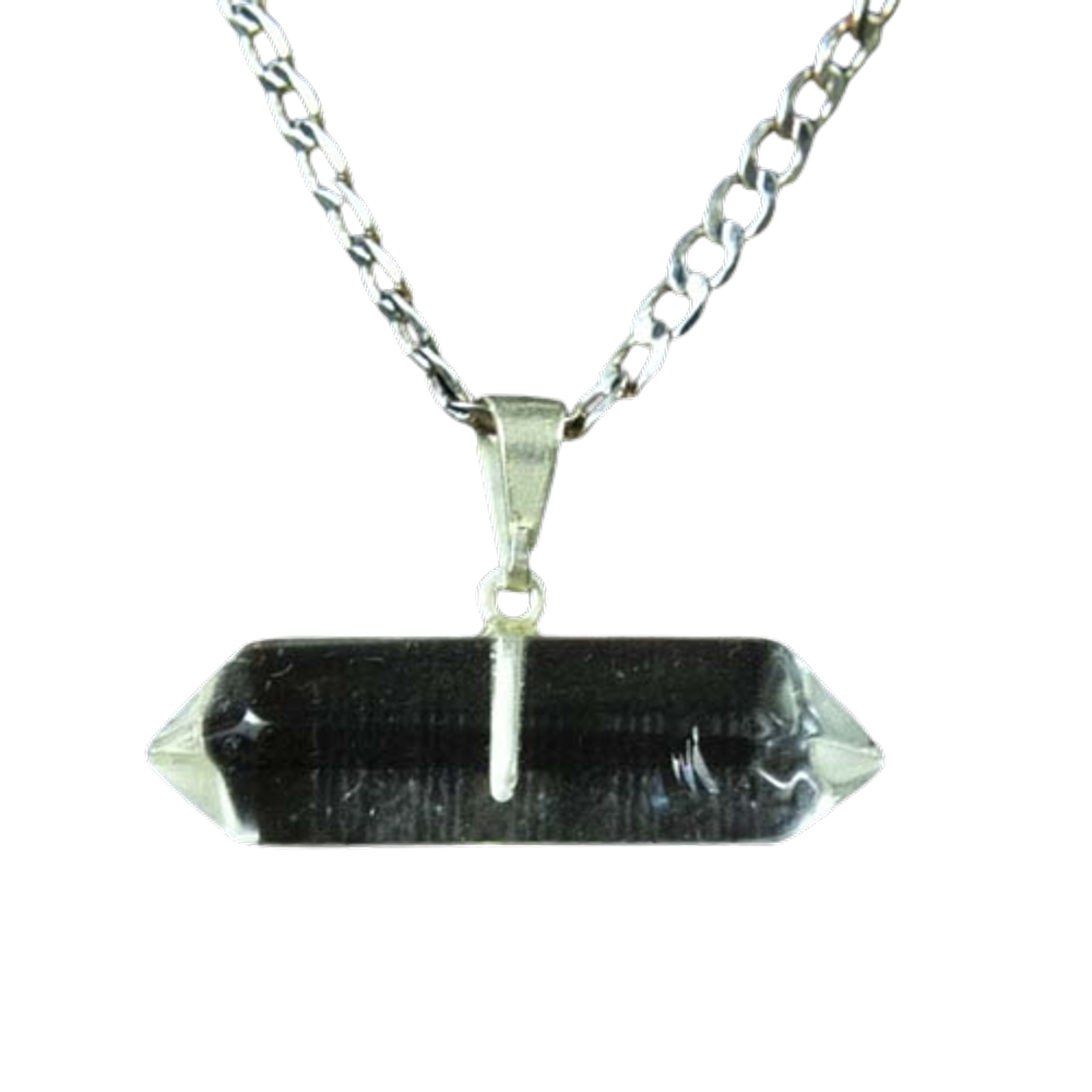 Colar Bi Ponta Pedra Cristal Natural Presilha Pino Prateado