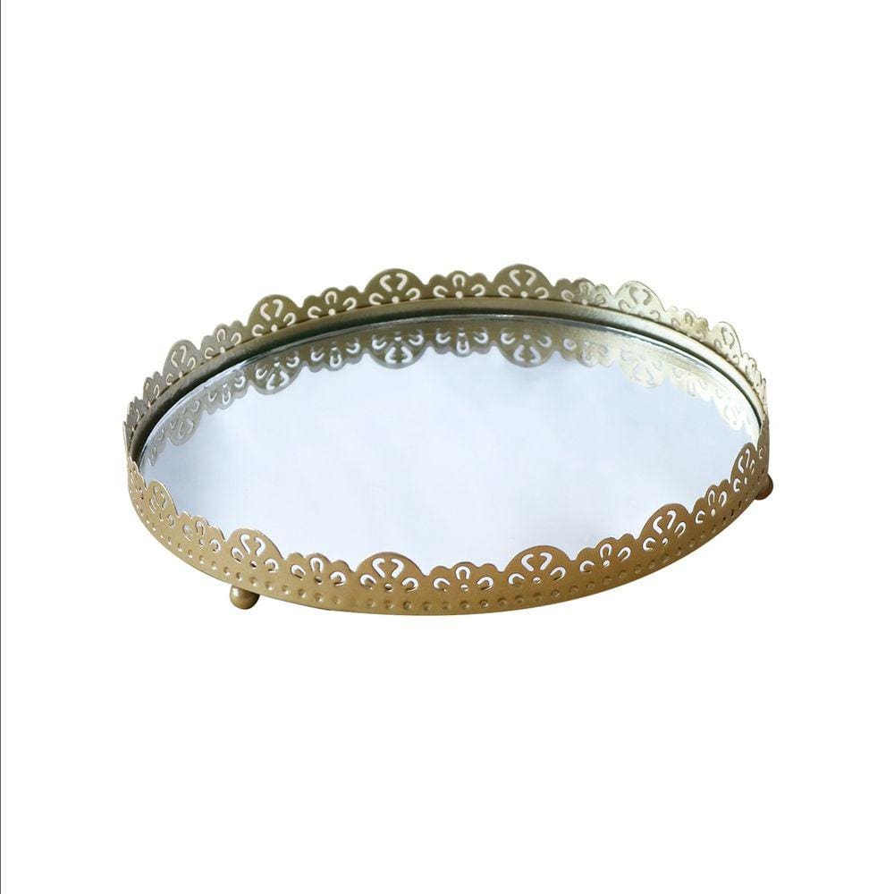 Bandeja Espelhada Redonda De Metal Com Base Aveludada 17.5cm