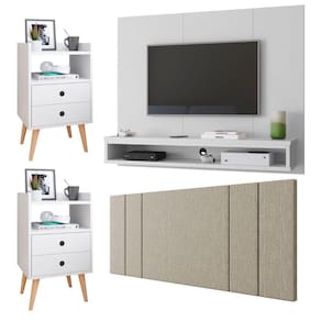 Painel Suspenso TV Até 50 Polegadas Cissa Sala Cabeceira Estofada Cama Box Casal 1,40 Luana Kit 2 Mesinhas Retrô Gavetas Nicho Dream Quarto - RPM