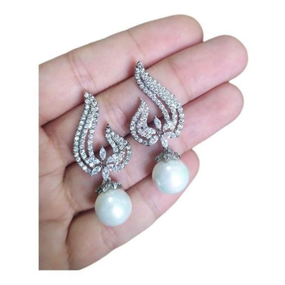 Brinco Noiva Zirconia Perola Pendurado - Prateado
