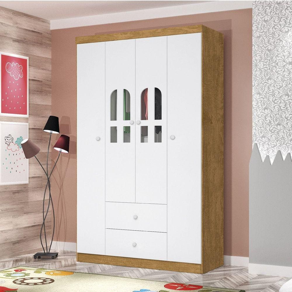 Guarda Roupa de Bebê 4 Portas 2 Gavetas Alvin Marrom/Branco