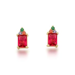 Brinco Ponto De Luz Colorido Banhado A Ouro 18k Vermelho Com Colorido