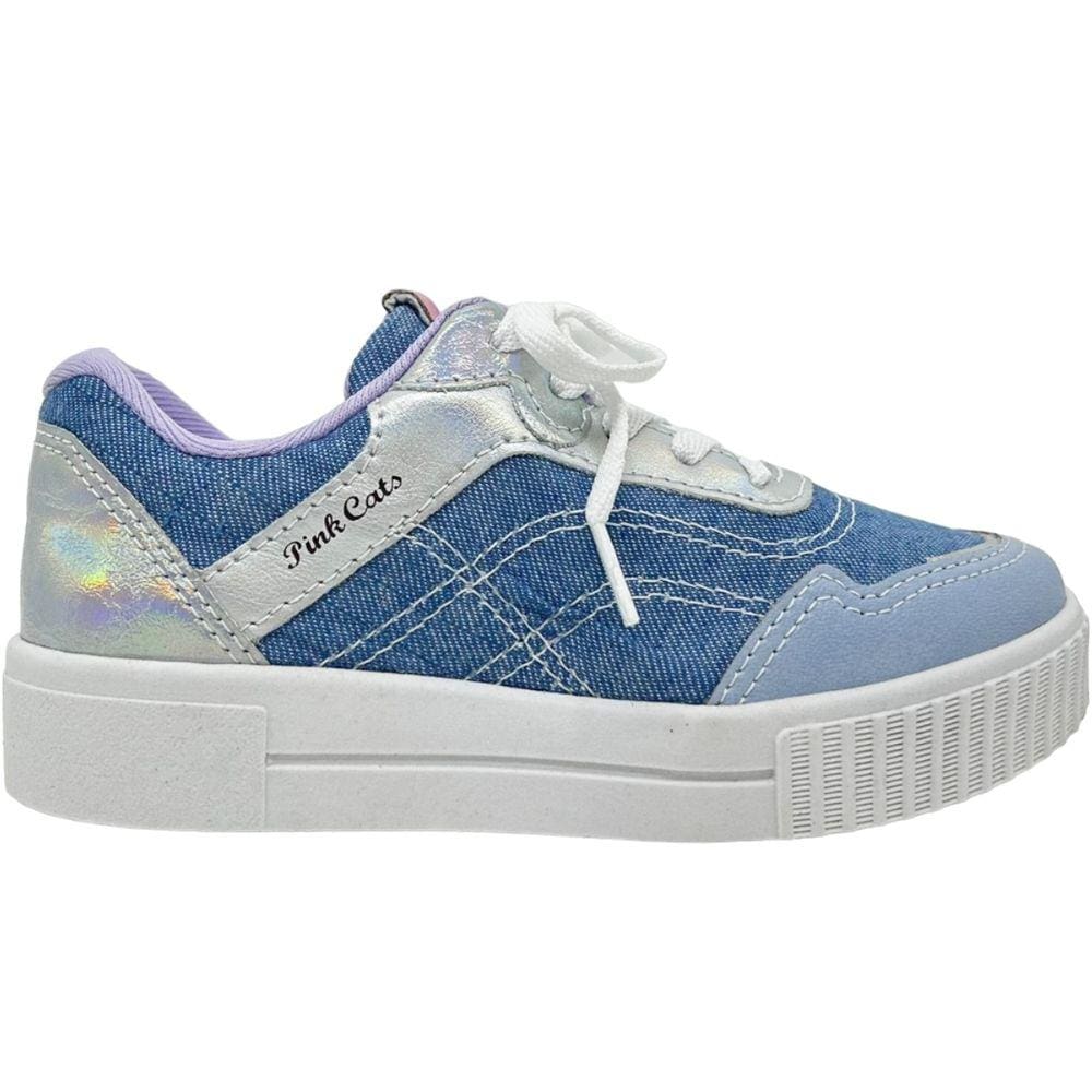 Tênis Infantil Menina Casual Retro Dia a Dia com Recorte Holográfica Pink Cats V3308