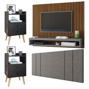 Painel Ripado Freijó Tv 50 Polegadas Cissa Cabeceira Cama Box Casal Luana1,40 Cinza Linho Kit 2 Mesinhas Quarto Gaveta Nicho Dream Preto – RPM