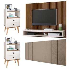 Kit 2 Mesinhas Gavetas Nicho Quarto Dream Painel TV 50 Polegadas Cissa Ripado Freijó/Off Cabeceira Estofada Cama Box Casal Luana 1,40 Bege –RPM