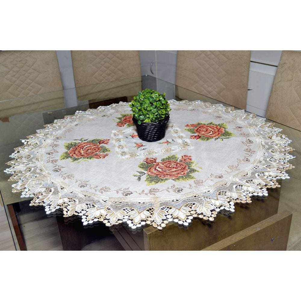 Toalha de Centro Redonda Flores Marrom