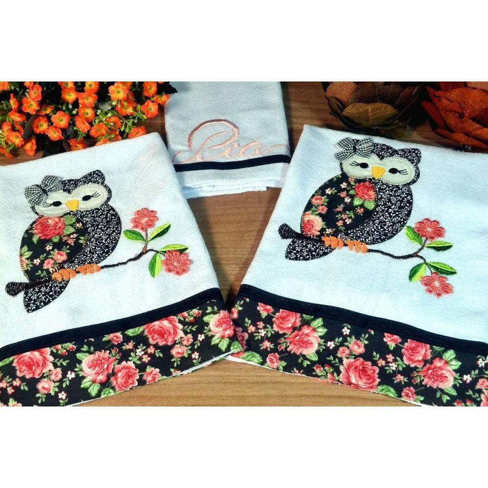 Kit de Cozinha Bordado Patchwork - Coruja com Laço
