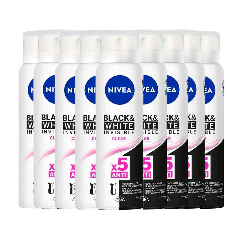Kit Desodorante Aerosol Nivea Invisible Black & White Clear 150ml - 9 Unidades