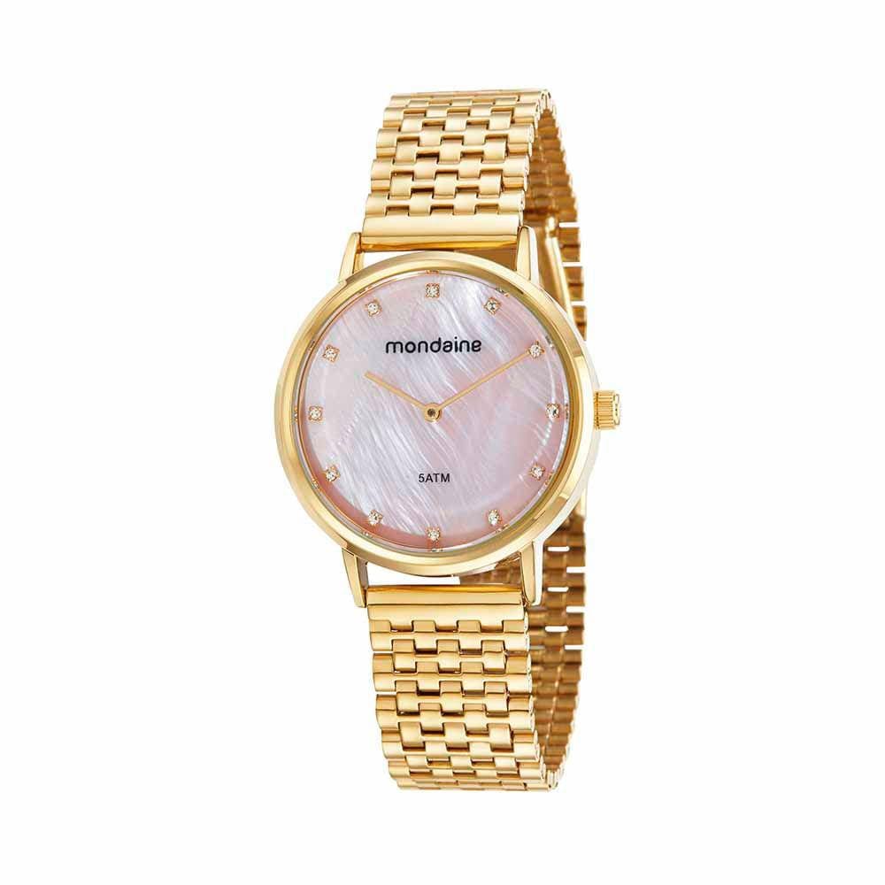 Relógio MONDAINE feminino analógico dourado rosa 76782LPMVDE3
