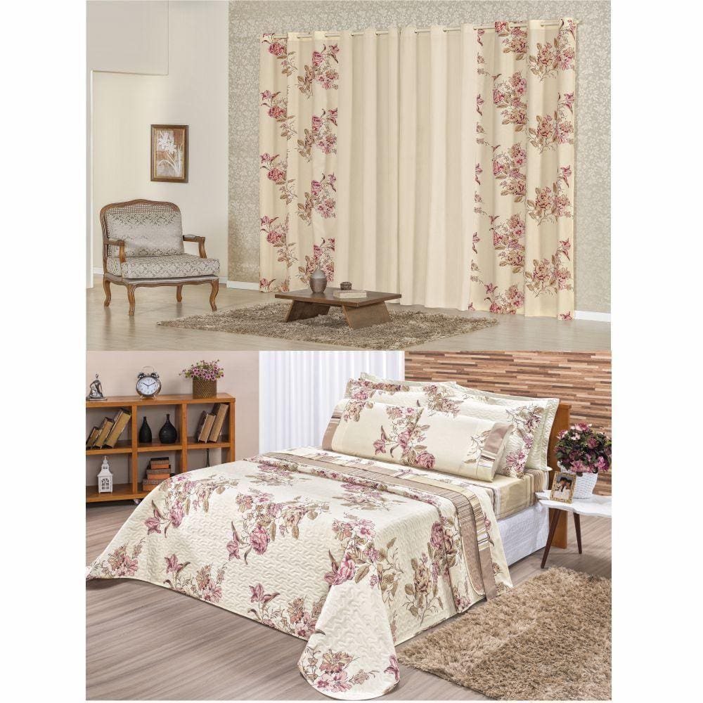 Cobre Leito Dyplomata Queen 3 Peças + Cortina 3M Floral