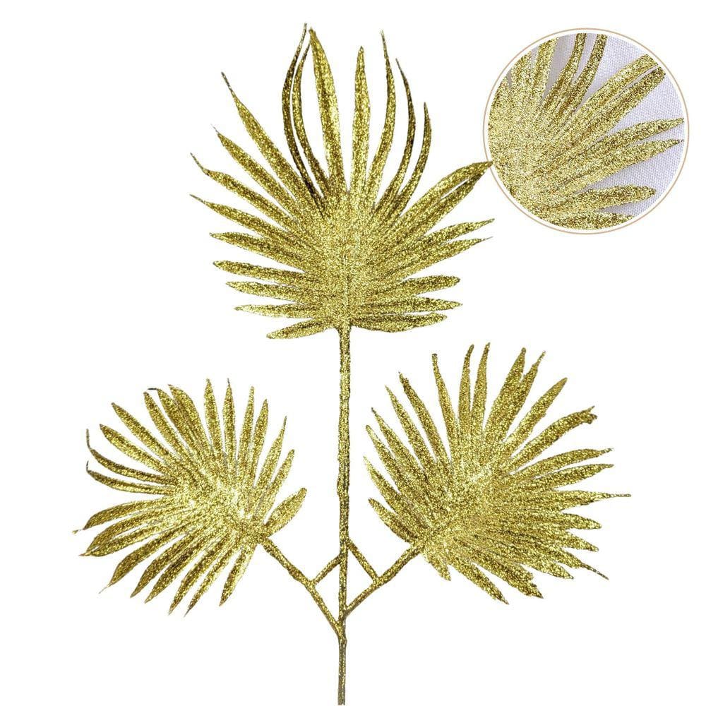 Galho Dourado Leque 39x20cm Folhagem De Natal Com Glitter