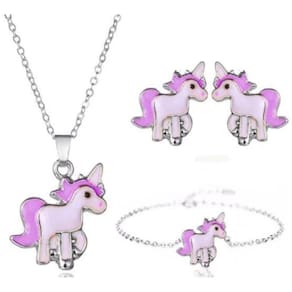 Conjunto Colar Brinco Pulseira Unicórnio Prateado Rosa K5486