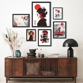 Kit 6 Quadros Arte Japonesa Moldura Preta Diversas Medidas
