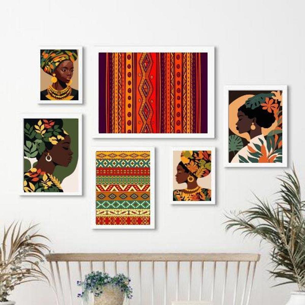 Kit 6 Quadros Africanas - Madeira Branca - Várias Medidas