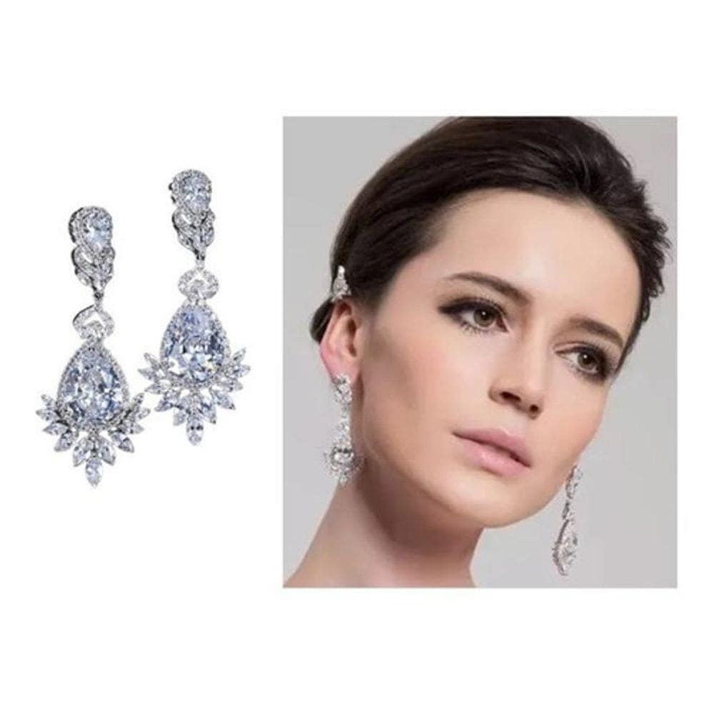 Brinco Noiva Zirconia Debutante Luxo Pendurado - Prateado