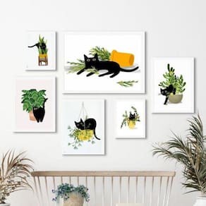 Kit 6 Quadros Gatinho c/ Plantas - Vidro, Moldura Madeira