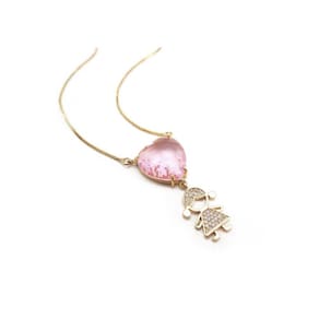 Colar Coração Rosa Com Menina Banhado Em Ouro 18K