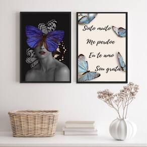 Quadros Mulher Borboleta Azul 24x18 - Moldura Madeira Preta